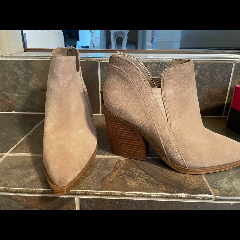 Tan suede ankle boot heels